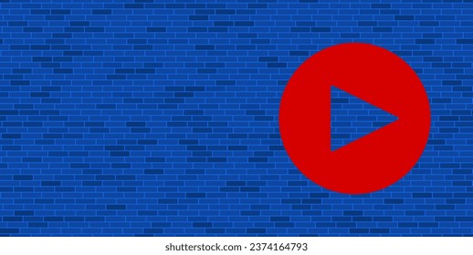 Blue Brick Wall with large red play symbol. The symbol is located on the right, on the left there is empty space for your content. Vector illustration on blue background