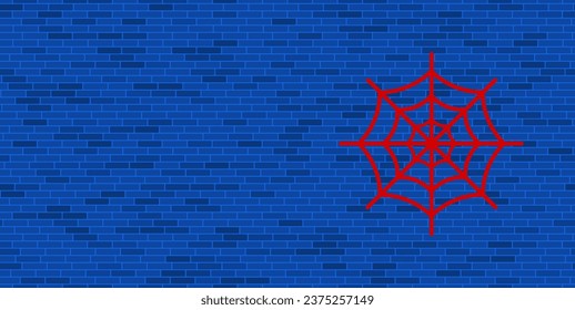 Blue Brick Wall with large red spider web symbol. The symbol is located on the right, on the left there is empty space for your content. Vector illustration on blue background