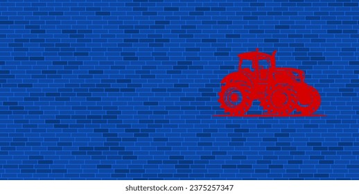 Blue Brick Wall with large red tractor symbol. The symbol is located on the right, on the left there is empty space for your content. Vector illustration on blue background