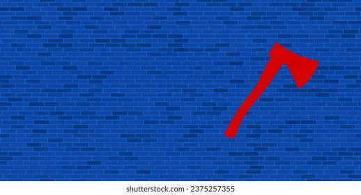 Pared de ladrillo azul con gran símbolo de hacha roja. El símbolo está situado a la derecha, a la izquierda hay espacio vacío para el contenido. Ilustración vectorial sobre fondo azul