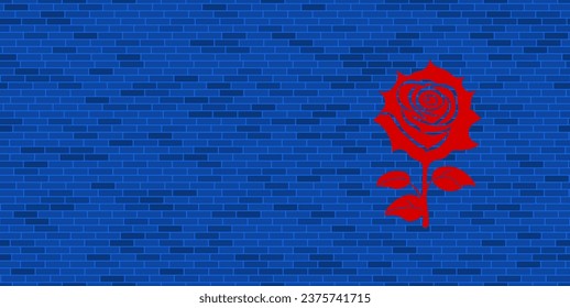 Blue Brick Wall with large red rose flower. The symbol is located on the right, on the left there is empty space for your content. Vector illustration on blue background