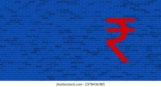Blue Brick Wall with large red indian rupee symbol. The symbol is located on the right, on the left there is empty space for your content. Vector illustration on blue background