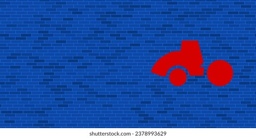 Pared de ladrillo azul con un gran símbolo de rodillo rojo. El símbolo está situado a la derecha, a la izquierda hay espacio vacío para el contenido. Ilustración vectorial sobre fondo azul