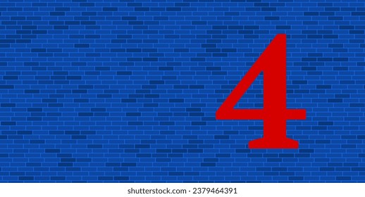 Blue Brick Wall with large red number four symbol. The symbol is located on the right, on the left there is empty space for your content. Vector illustration on blue background
