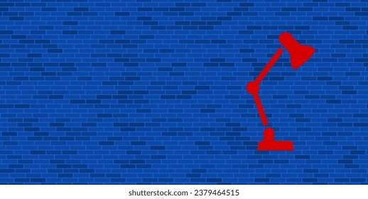 Blue Brick Wall with large red table lamp symbol. The symbol is located on the right, on the left there is empty space for your content. Vector illustration on blue background