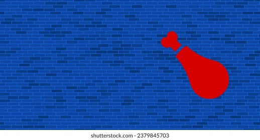 Pared de ladrillo azul con gran símbolo de pierna de pollo rojo. El símbolo está situado a la derecha, a la izquierda hay espacio vacío para el contenido. Ilustración vectorial sobre fondo azul