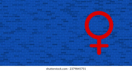 Blue Brick Wall with large red venus symbol. The symbol is located on the right, on the left there is empty space for your content. Vector illustration on blue background