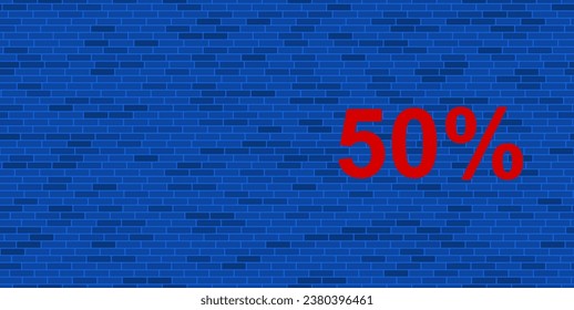Pared de ladrillo azul con gran símbolo rojo del 50 por ciento. El símbolo está situado a la derecha, a la izquierda hay espacio vacío para el contenido. Ilustración vectorial sobre fondo azul
