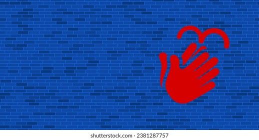 Blue Brick Wall with large red washing hands symbol. The symbol is located on the right, on the left there is empty space for your content. Vector illustration on blue background