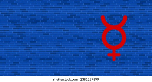Blue Brick Wall with large red astrological mercury symbol. The symbol is located on the right, on the left there is empty space for your content. Vector illustration on blue background