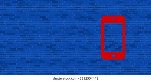 Pared de ladrillo azul con gran símbolo de smartphone rojo. El símbolo está situado a la derecha, a la izquierda hay espacio vacío para el contenido. Ilustración vectorial sobre fondo azul
