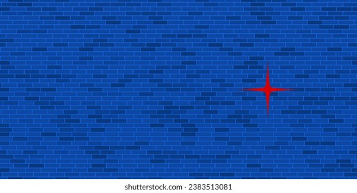 Blue Brick Wall with large red abstract star symbol. The symbol is located on the right, on the left there is empty space for your content. Vector illustration on blue background