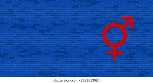 Pared de ladrillo azul con gran símbolo de bigénero rojo. El símbolo está situado a la derecha, a la izquierda hay espacio vacío para el contenido. Ilustración vectorial sobre fondo azul