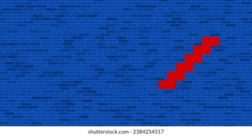 Blue Brick Wall with large red stairs symbol. The symbol is located on the right, on the left there is empty space for your content. Vector illustration on blue background
