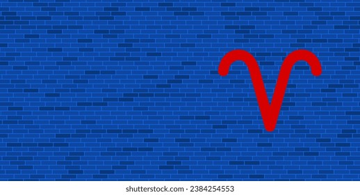 Blue Brick Wall with large red zodiac aries symbol. The symbol is located on the right, on the left there is empty space for your content. Vector illustration on blue background