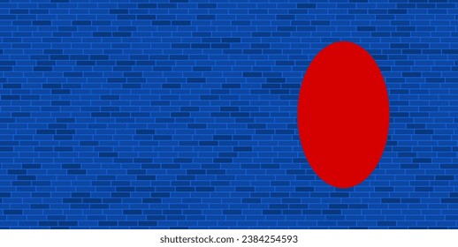 Blue Brick Wall with large red ellipse symbol. The symbol is located on the right, on the left there is empty space for your content. Vector illustration on blue background