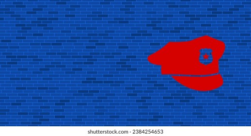 Blue Brick Wall with large red police cap symbol. The symbol is located on the right, on the left there is empty space for your content. Vector illustration on blue background