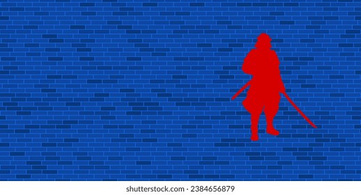 Blue Brick Wall with large red samurai symbol. The symbol is located on the right, on the left there is empty space for your content. Vector illustration on blue background