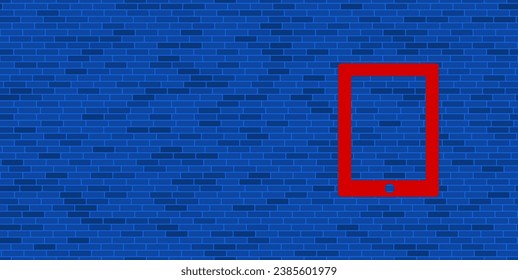 Pared de ladrillo azul con un símbolo de comprimido rojo grande. El símbolo está situado a la derecha, a la izquierda hay espacio vacío para el contenido. Ilustración vectorial sobre fondo azul