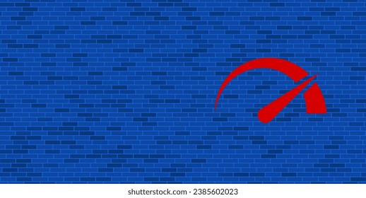 Blue Brick Wall with large red tachometer symbol. The symbol is located on the right, on the left there is empty space for your content. Vector illustration on blue background