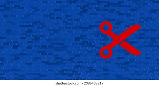 Blue Brick Wall with large red scissors symbol. The symbol is located on the right, on the left there is empty space for your content. Vector illustration on blue background
