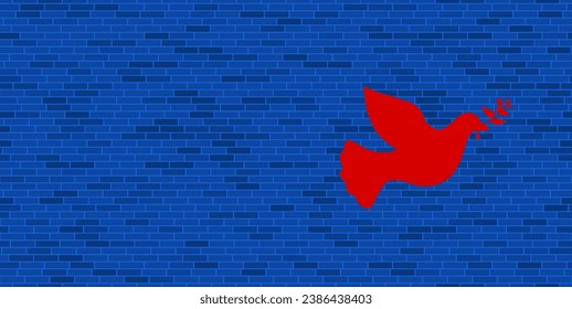 Blue Brick Wall with large red dove of peace symbol. The symbol is located on the right, on the left there is empty space for your content. Vector illustration on blue background