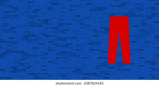 Blue Brick Wall with large red pants symbol. The symbol is located on the right, on the left there is empty space for your content. Vector illustration on blue background