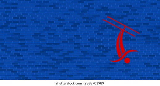 Blue Brick Wall with large red freestyle skiing symbol. The symbol is located on the right, on the left there is empty space for your content. Vector illustration on blue background