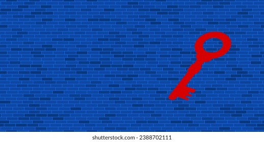 Pared de ladrillo azul con un gran símbolo rojo antiguo. El símbolo está situado a la derecha, a la izquierda hay espacio vacío para el contenido. Ilustración vectorial sobre fondo azul