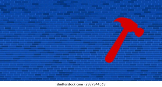 Pared de ladrillo azul con un gran símbolo de martillo rojo. El símbolo está situado a la derecha, a la izquierda hay espacio vacío para el contenido. Ilustración vectorial sobre fondo azul