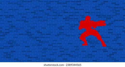 Blue Brick Wall with large red combat robot. The symbol is located on the right, on the left there is empty space for your content. Vector illustration on blue background