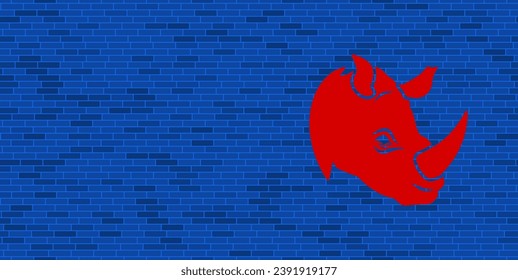 Blue Brick Wall with large red rhino head logo. The symbol is located on the right, on the left there is empty space for your content. Vector illustration on blue background