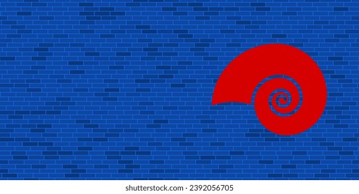 Blue Brick Wall with large red marine nautilus symbol. The symbol is located on the right, on the left there is empty space for your content. Vector illustration on blue background