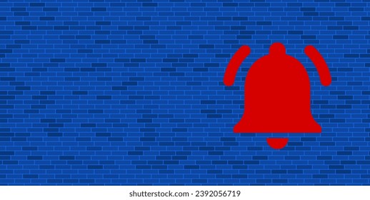 Blue Brick Wall with large red bell symbol. The symbol is located on the right, on the left there is empty space for your content. Vector illustration on blue background