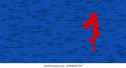 Pared de ladrillo azul con un gran símbolo de encantamiento rojo. El símbolo está situado a la derecha, a la izquierda hay espacio vacío para el contenido. Ilustración vectorial sobre fondo azul