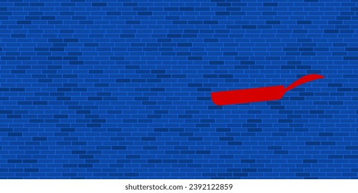 Blue Brick Wall with large red pan symbol. The symbol is located on the right, on the left there is empty space for your content. Vector illustration on blue background