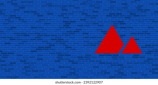 Muro de ladrillo azul con gran símbolo de montañas rojas. El símbolo está situado a la derecha, a la izquierda hay espacio vacío para el contenido. Ilustración vectorial sobre fondo azul