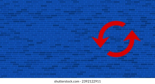 Blue Brick Wall mit großem rotem Bildwiederholsymbol. Das Symbol befindet sich auf der rechten Seite, auf der linken Seite ist Leerzeichen für Ihre Inhalte. Vektorgrafik auf blauem Hintergrund