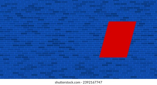 Blue Brick Wall with large red parallelogram symbol. The symbol is located on the right, on the left there is empty space for your content. Vector illustration on blue background