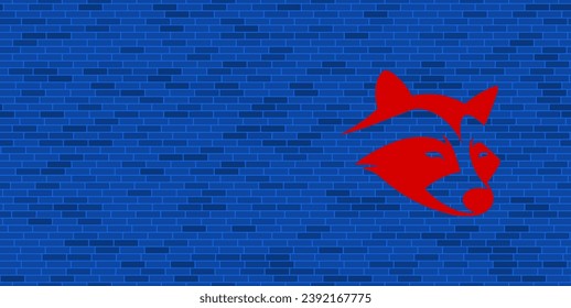 Pared de ladrillo azul con gran símbolo de cabeza de mapache rojo. El símbolo está situado a la derecha, a la izquierda hay espacio vacío para el contenido. Ilustración vectorial sobre fondo azul