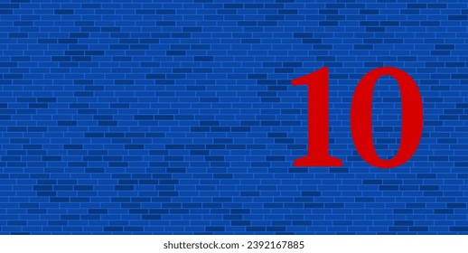 Blue Brick Wall with large red number ten symbol. The symbol is located on the right, on the left there is empty space for your content. Vector illustration on blue background