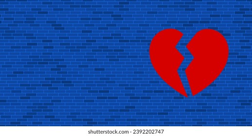 Pared de ladrillo azul con gran símbolo de corazón rojizo roto. El símbolo está situado a la derecha, a la izquierda hay espacio vacío para el contenido. Ilustración vectorial sobre fondo azul