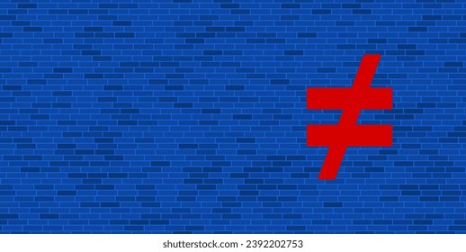 Blue Brick Wall with large red not equal symbol. The symbol is located on the right, on the left there is empty space for your content. Vector illustration on blue background