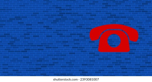 Blue Brick Wall with large red vintage telephone symbol. The symbol is located on the right, on the left there is empty space for your content. Vector illustration on blue background