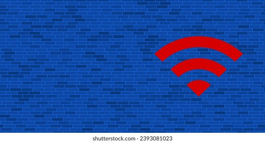 Blue Brick Wall with large red wifi symbol. The symbol is located on the right, on the left there is empty space for your content. Vector illustration on blue background