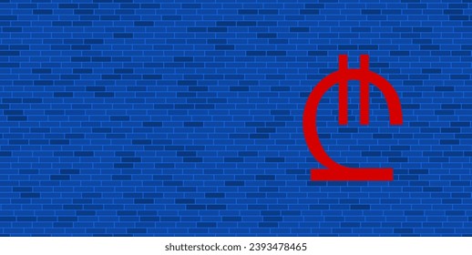 Pared de ladrillo azul con gran símbolo de lario rojo. El símbolo está situado a la derecha, a la izquierda hay espacio vacío para el contenido. Ilustración vectorial sobre fondo azul