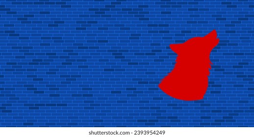 Blue Brick Wall with large red wolf head symbol. The symbol is located on the right, on the left there is empty space for your content. Vector illustration on blue background