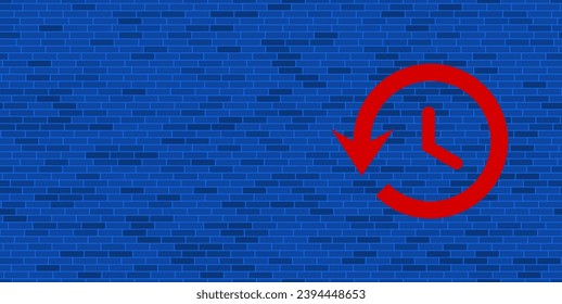 Blue Brick Wall with large red time back symbol. The symbol is located on the right, on the left there is empty space for your content. Vector illustration on blue background