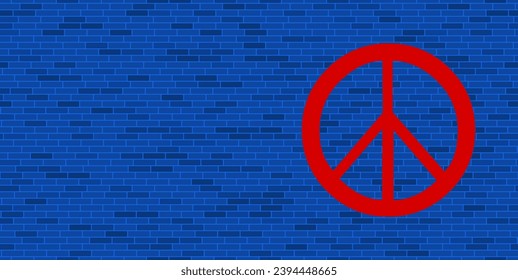 Blue Brick Wall with large red peace symbol. The symbol is located on the right, on the left there is empty space for your content. Vector illustration on blue background