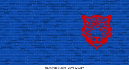 Blue Brick Wall with large red tiger head symbol. The symbol is located on the right, on the left there is empty space for your content. Vector illustration on blue background